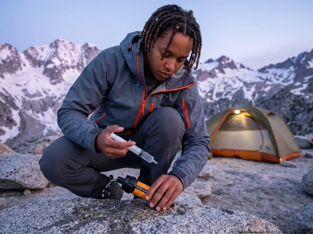 Hiker using knock-on-wood technique to restore Sawyer Squeeze flow rate at alpine camp