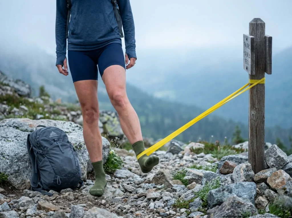Woman performing ankle eversion scrambling fitness training exercises with resistance band 
