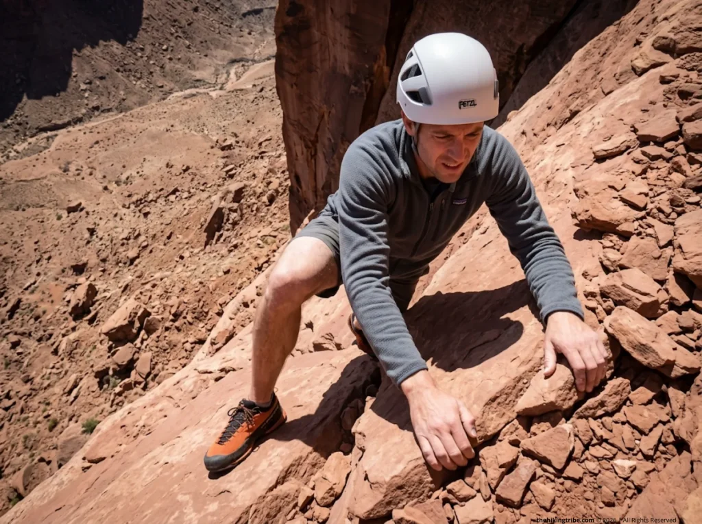 Male hiker struggling with downhill scrambling fitness training exercises on steep sandstone