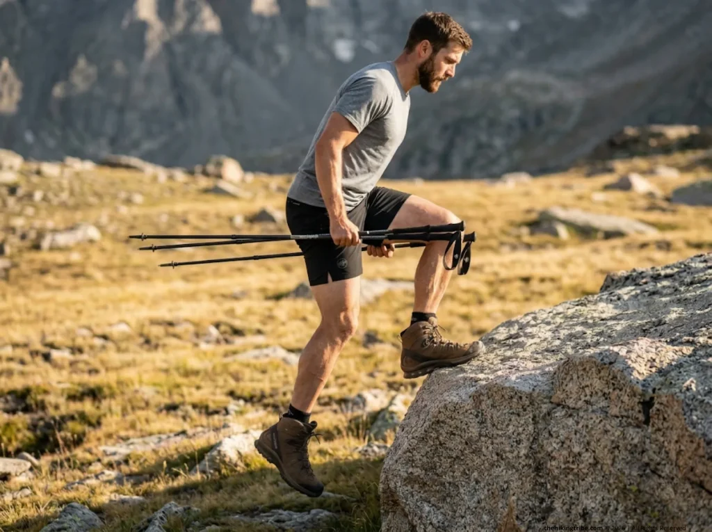 Man doing heel down eccentric scrambling fitness training exercises on a granite boulder