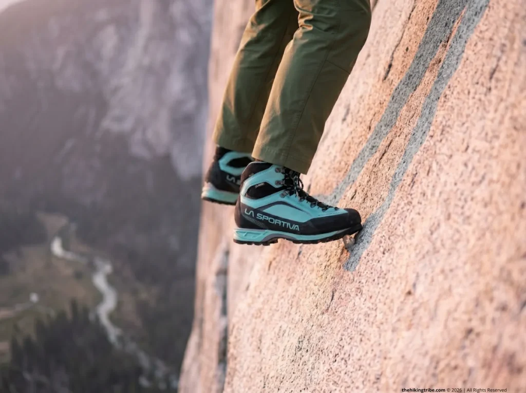 Close up of boots edging tightly during scrambling fitness training exercises