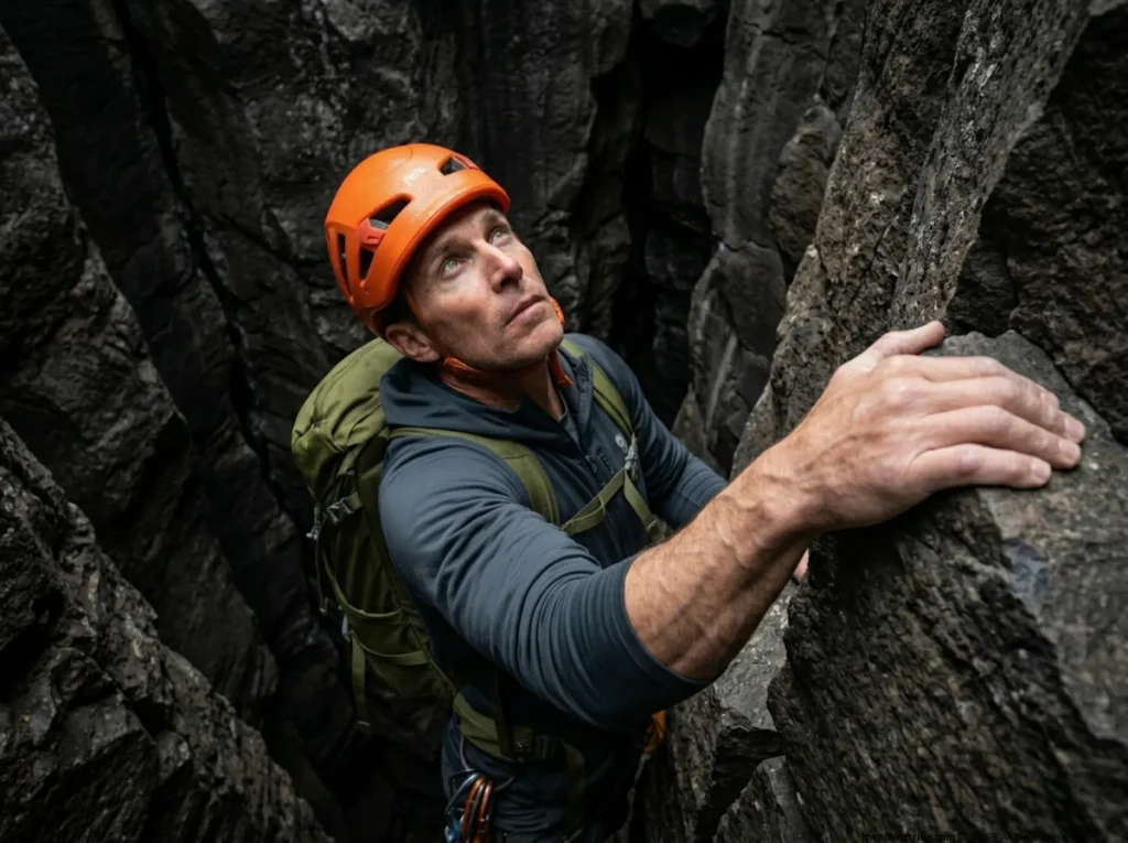 Climber holding arm lock off for scrambling fitness training exercises on basalt wall