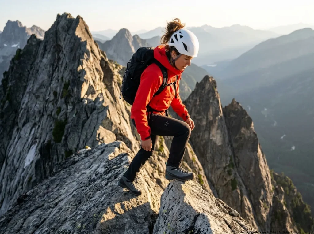 Female scrambler doing scrambling fitness training exercises on an exposed Class 3 ridge