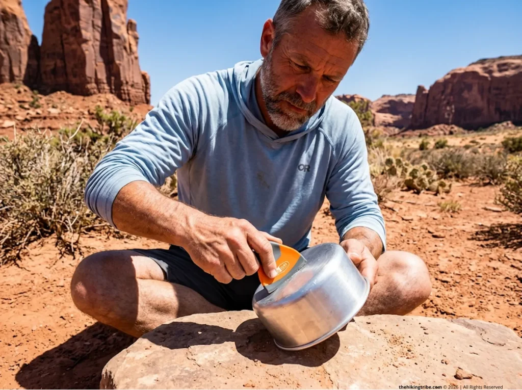 Backpacker scraping burnt food from pot using GSI compact scraper