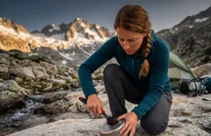 How to Clean Camp Cookware on Trail Without Soap Female hiker cleaning camp cookware on a rock without soap using an MSR brush