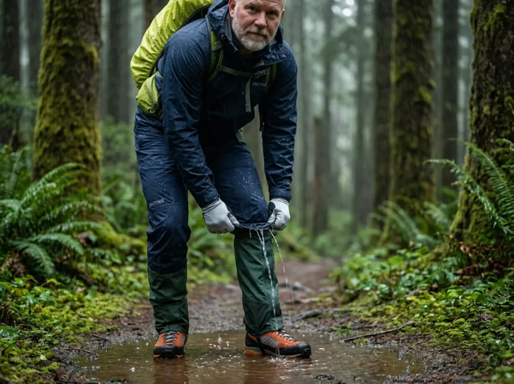 Experienced hiker pulling rain pants over Sea to Summit gaiters for correct shingling layering in heavy rain 