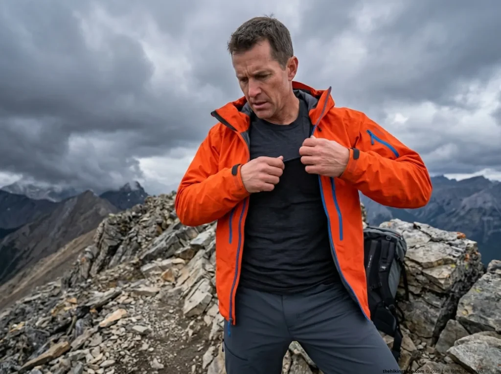 Hiker discovering wet base layer on exposed ridgeline, shoulder season layering fail