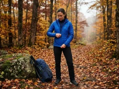 I Got Shoulder Season Layering Wrong for Years Hiker layering up with insulated jacket on shoulder season fall trail