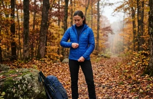 I Got Shoulder Season Layering Wrong for Years Hiker layering up with insulated jacket on shoulder season fall trail