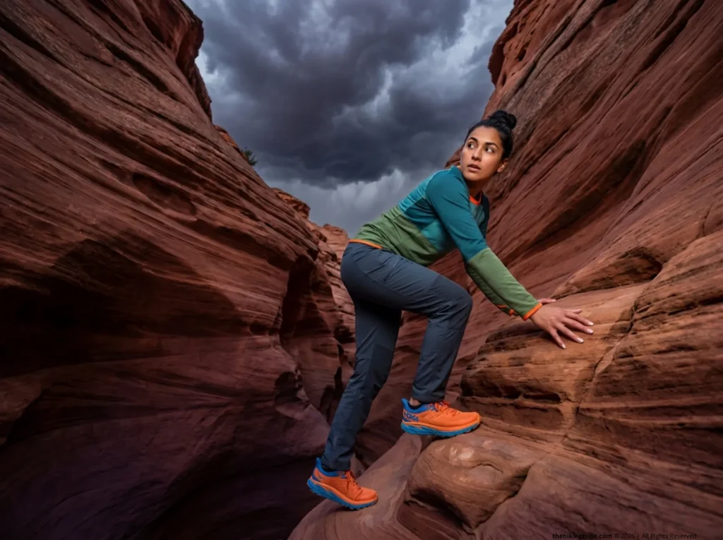 Female hiker scrambling up a sandstone wall to escape a slot canyon flash flood as dark rain clouds gather