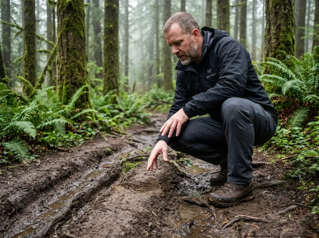 Male hiker kneeling to examine compacted soil and braided trail erosion in Pacific Northwest forest