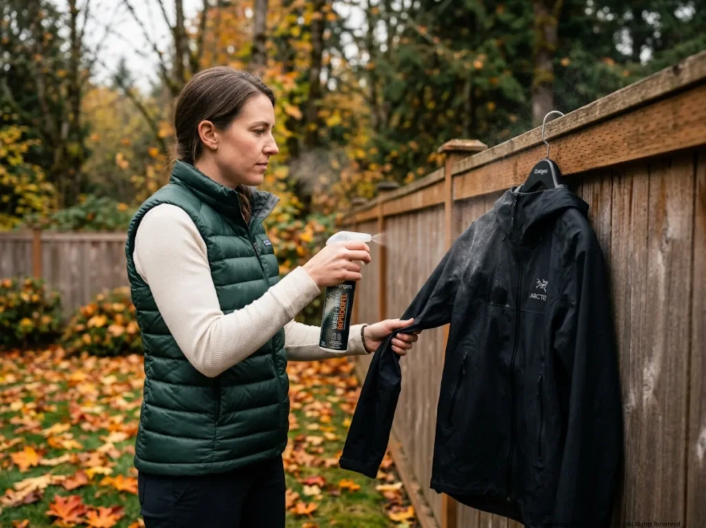 Woman spraying Grangers DWR reproofer on the shoulders of an Arcteryx rain jacket outside