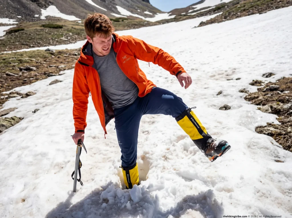 Hiker violently struggling in deep post-hole traversing spring freeze-thaw snowpack
