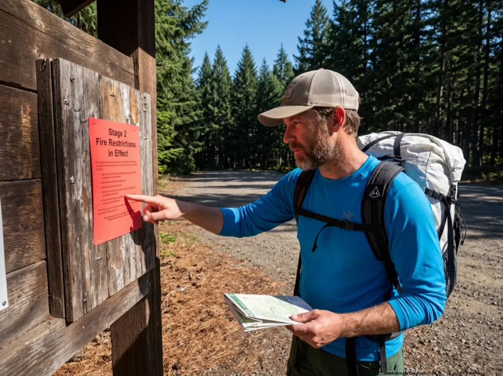 Discovering stage 2 campfire regulations by region on a forest service trailhead kiosk.