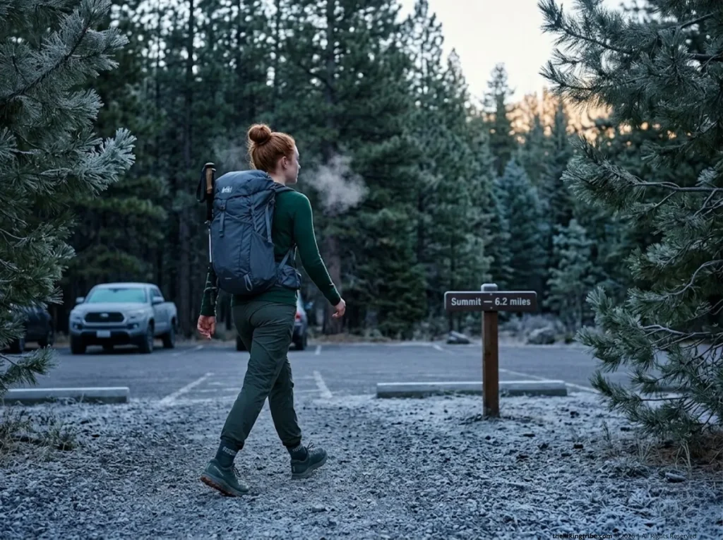 Hiker starting cold at trailhead in base layer only, applying start cold principle