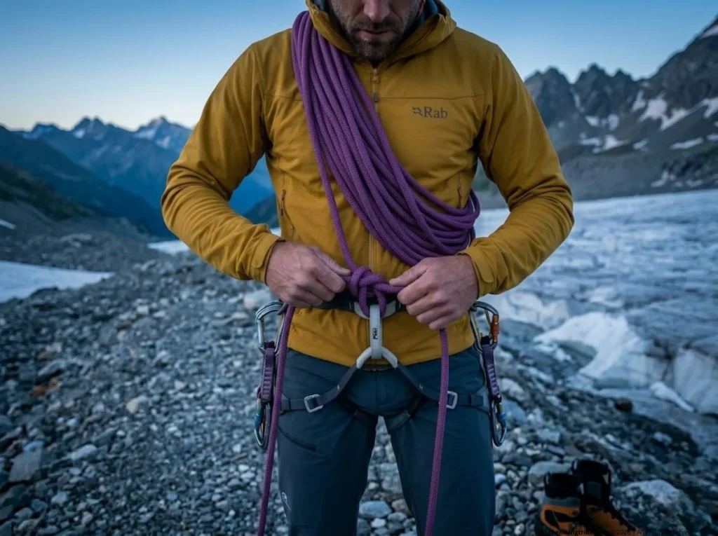 Mountaineer wrapping a kiwi coil to manage excess rope during step-by-step rigging protocol before glacier travel.