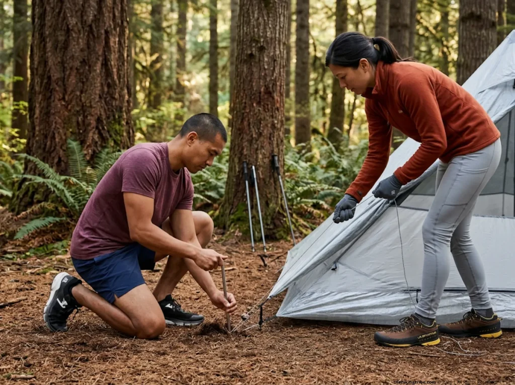 Two hikers driving MSR stakes at 45 degrees during Hyperlite Mountain Gear tent pitch in forest  