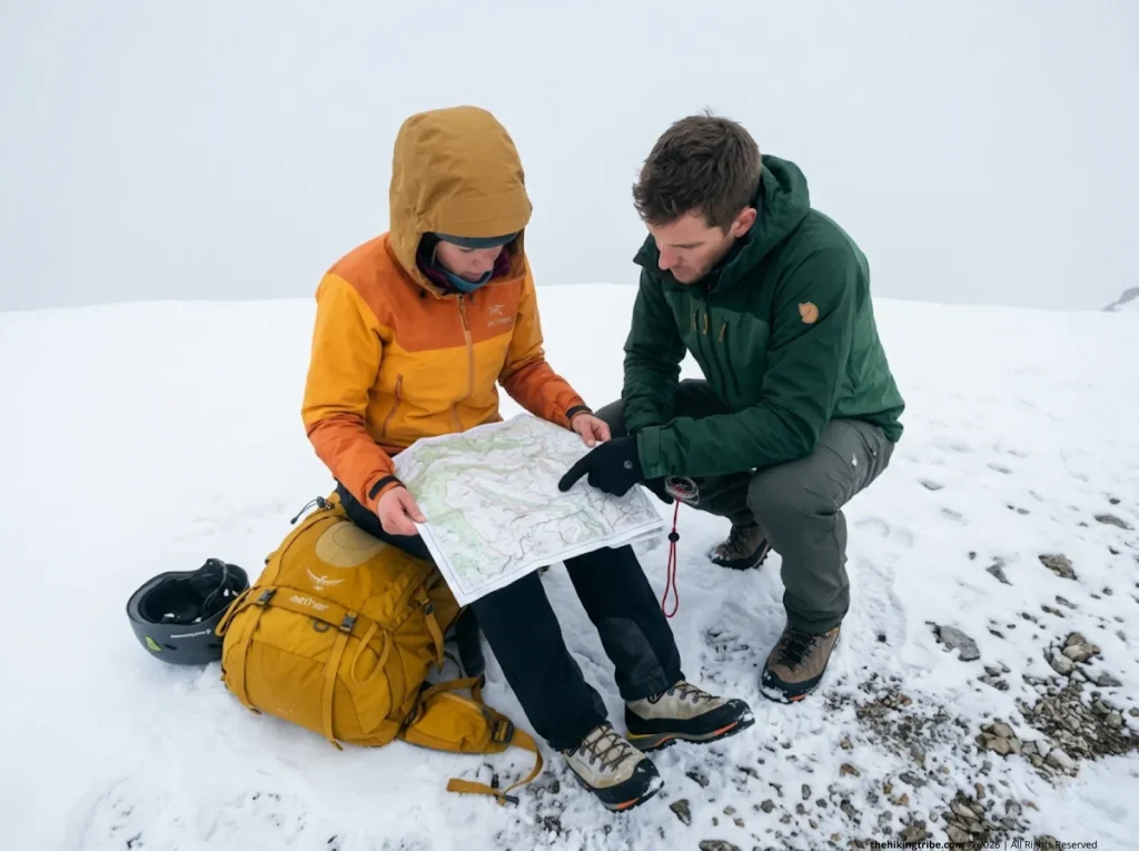 Hikers stopping to assess a topographic map during a whiteout