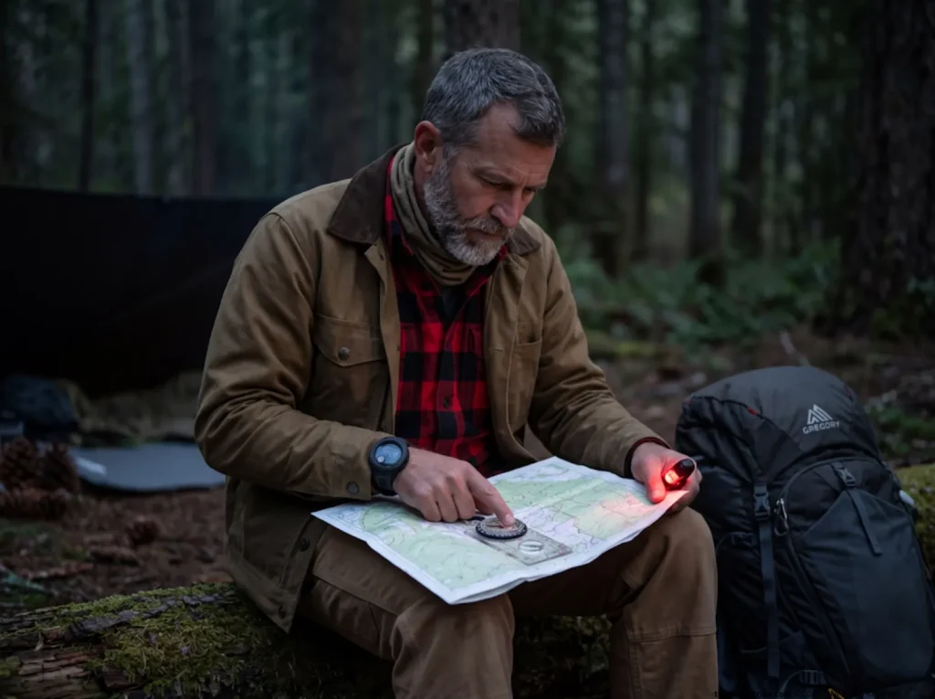Wilderness guide planning route with map and watch using strategic start time formula
