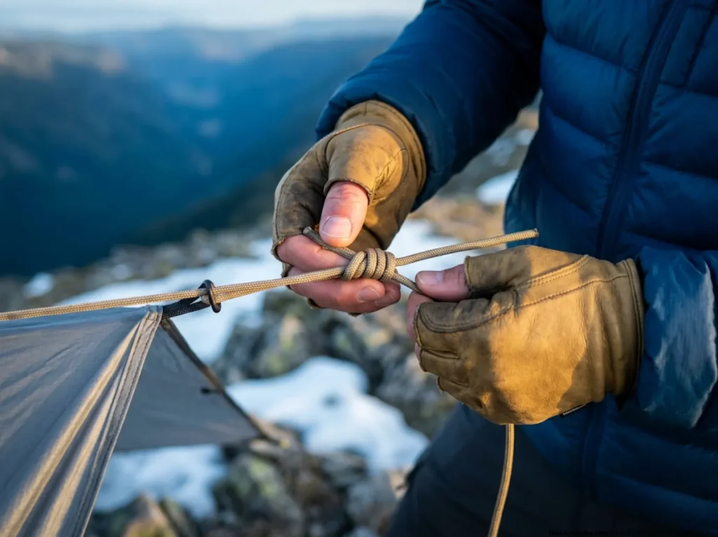 Close up of hiker tying a Klemheist friction hitch knot on a slick dyneema ridgeline cord