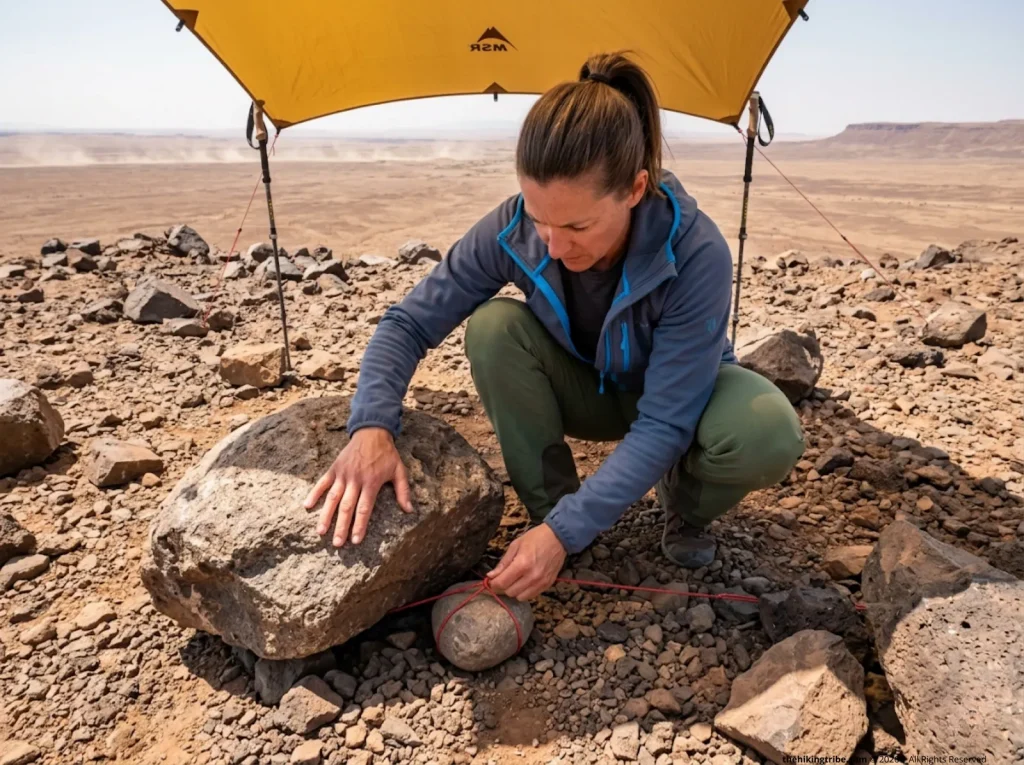 Female hiker building a tensegrity rock anchor system to secure a tarp shelter in a treeless desert