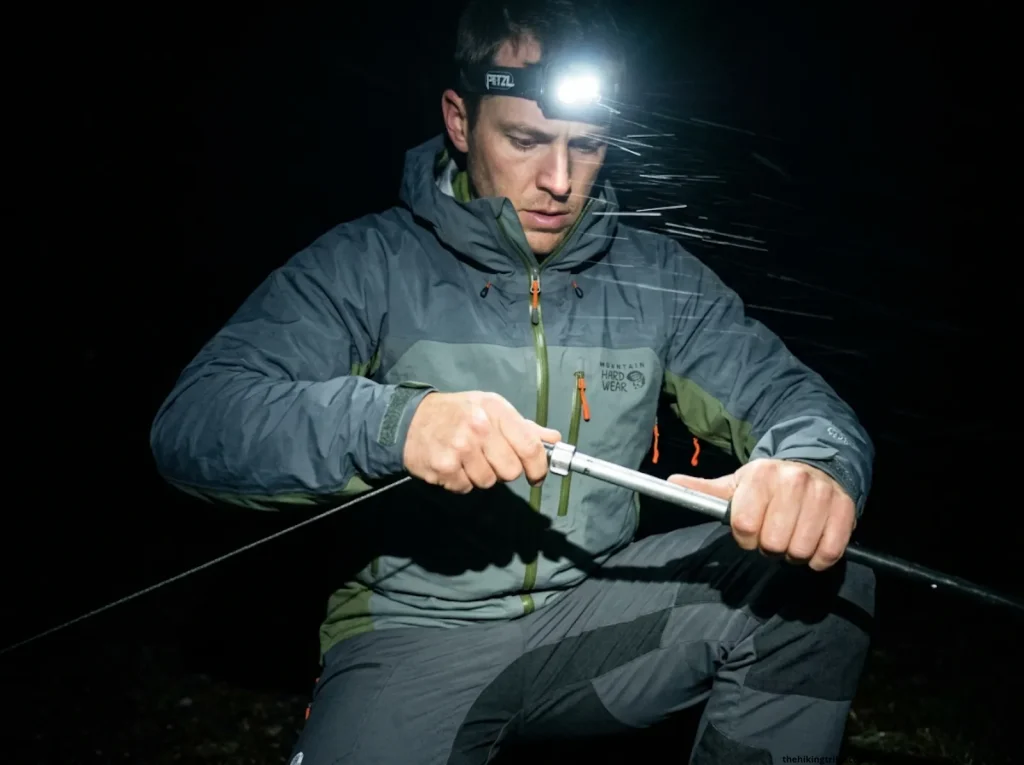 Backpacker using a headlamp in the dark during a rainstorm to lower the height of his trekking pole tarp shelter