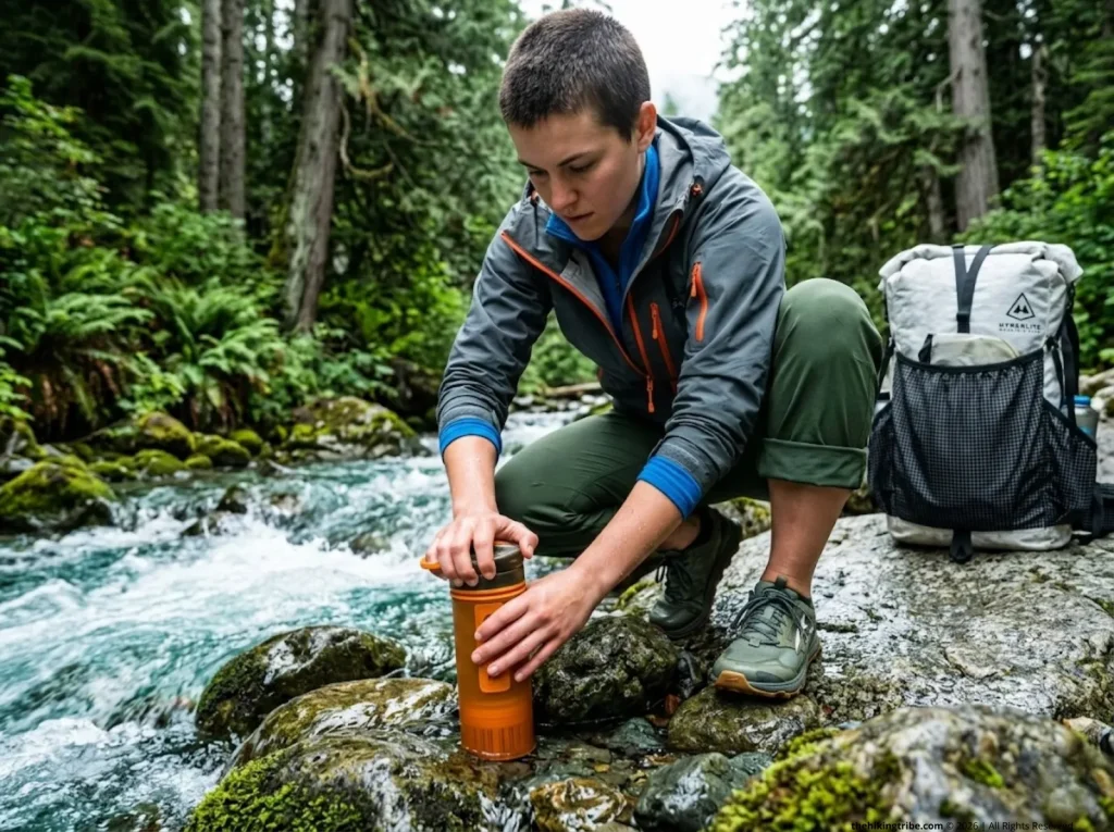 Female hiker kneeling on slick rocks using a Grayl Geopress water purifier in a rushing alpine stream