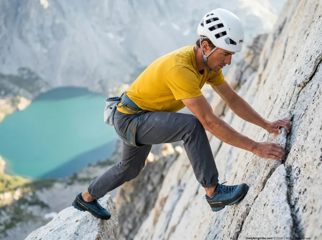 Rock climber high-stepping in stretch softshell Black Diamond hiking pants