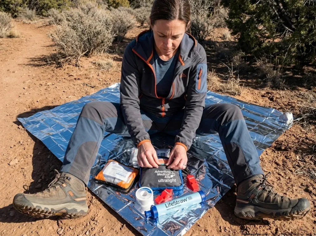 Hiker sorting emergency first aid and survival gear on a reflective space blanket