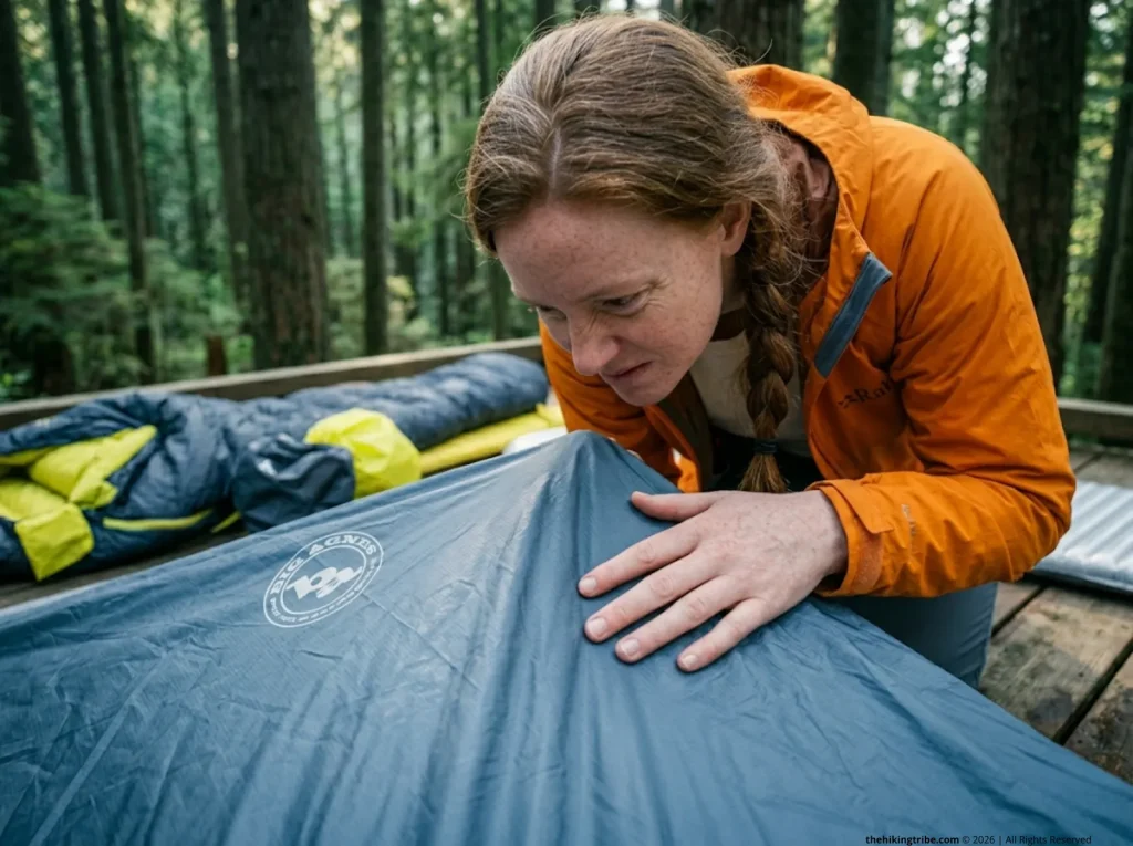 Hiker detecting PU hydrolysis smell from Big Agnes tent rainfly during pre-trip gear inspection on forest campsite platform