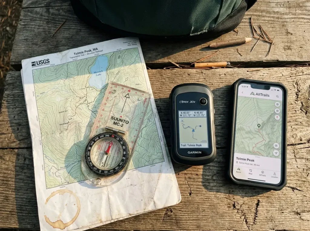 Paper map compass phone and handheld GPS laid out together showing layered hiking navigation backup