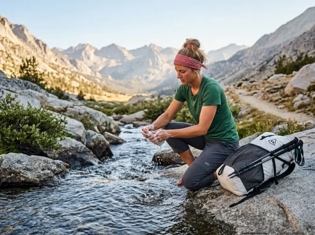 thru-hiking-hygiene-washing-hands Female thru-hiker washing hands with soap at an alpine stream, demonstrating proper thru hiking hygiene on trail.