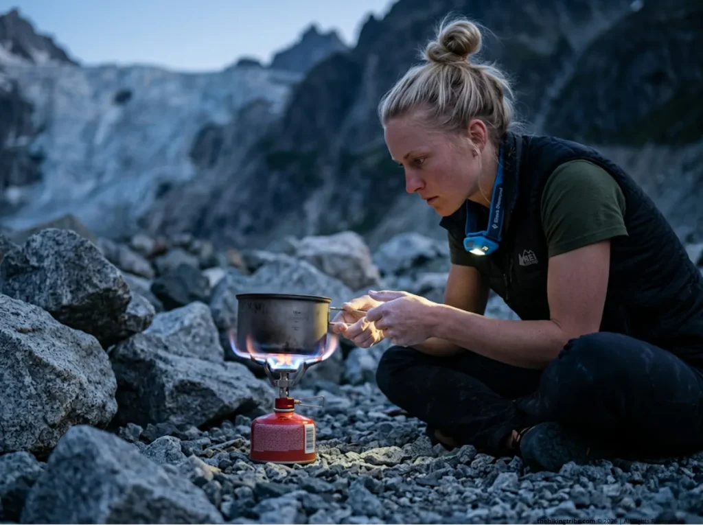 Woman avoiding titanium hot spots by holding pot above stove flame