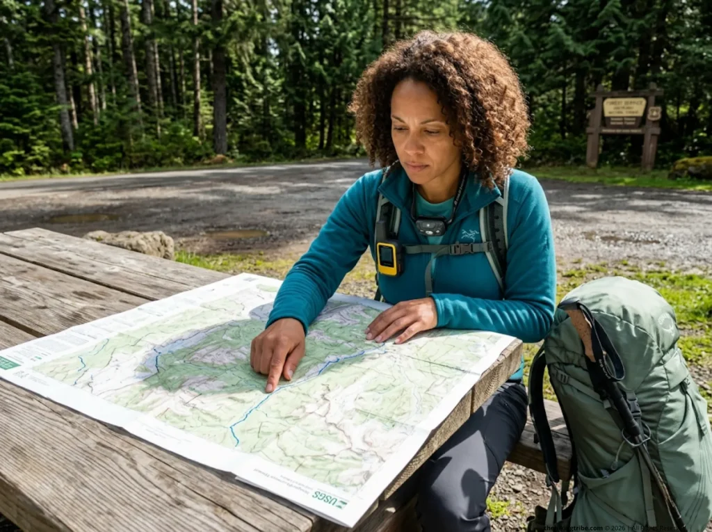 Hiker reading topo map at trailhead for water source risk assessment — catchment analysis technique