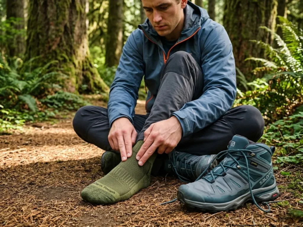 Hiker loosening Salomon boot laces and pressing on a green Darn Tough sock to check capillary refill on a forest trail.