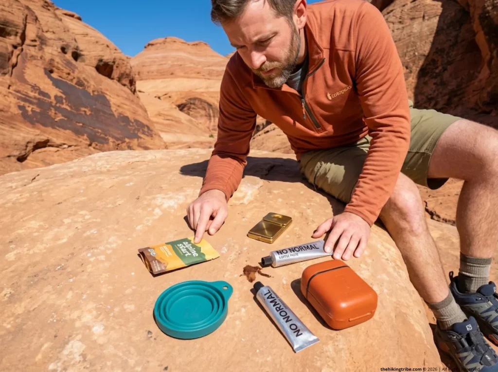 Hiker comparing instant coffee, paste, pour-over dripper, and AeroPress Go on granite slab