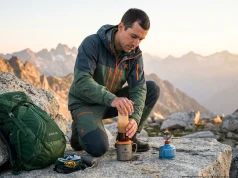 Best Trail Coffee for Weight-Obsessed Hikers Hiker brewing AeroPress Go coffee at alpine summit camp, golden morning light on granite