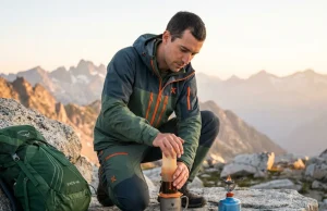 Best Trail Coffee for Weight-Obsessed Hikers Hiker brewing AeroPress Go coffee at alpine summit camp, golden morning light on granite
