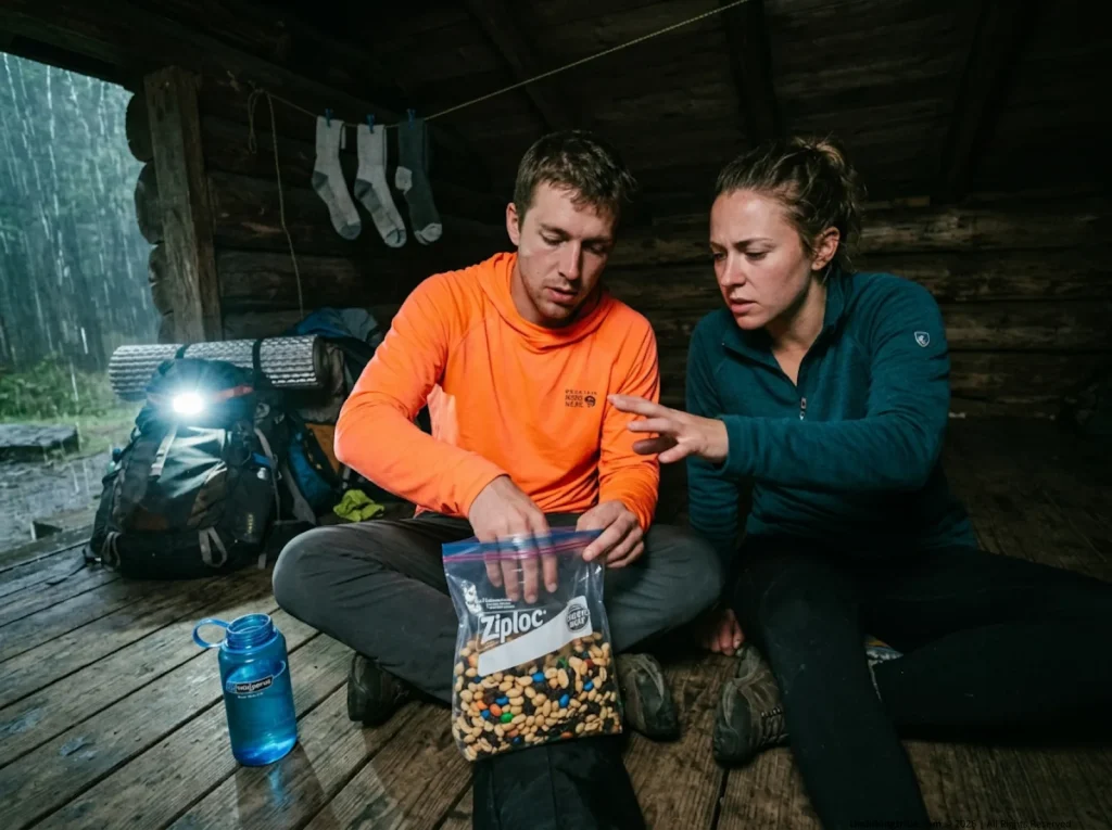 Hiker reaching an unwashed, dirty hand into a shared bag of trail mix inside a wooden shelter.