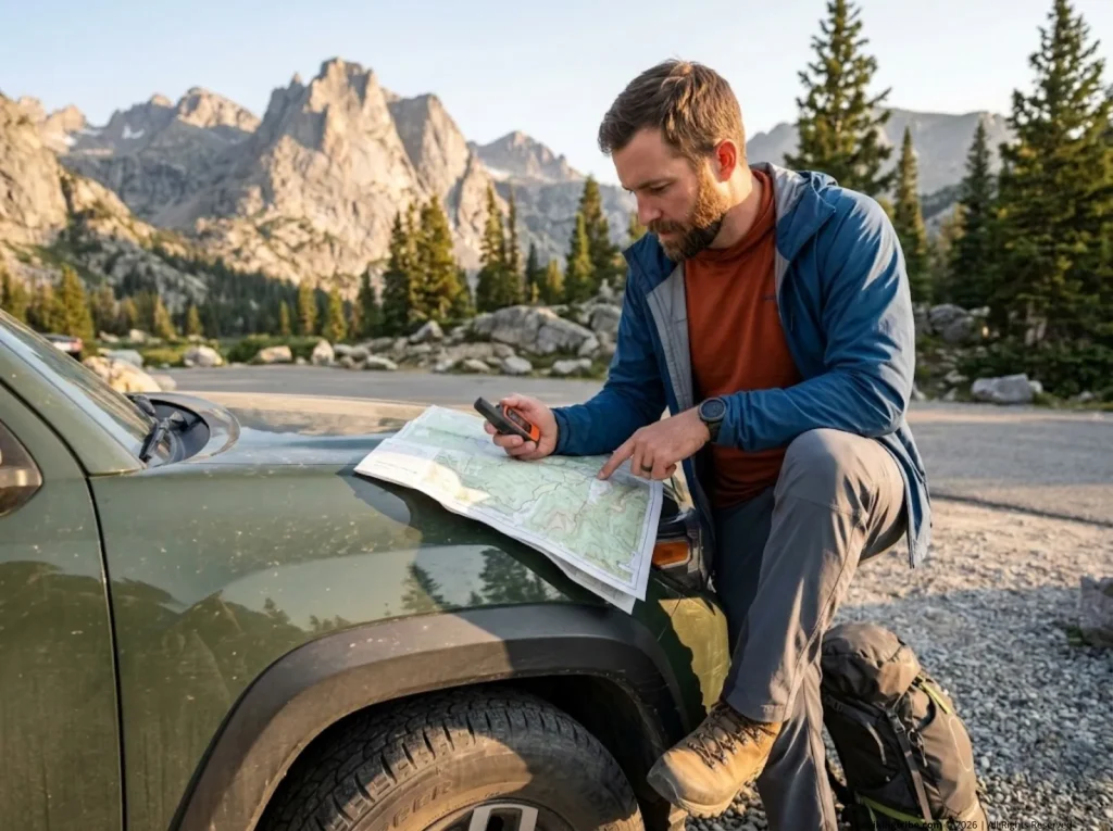 Hiker tracing physical topo map while holding a Garmin inReach at a rocky alpine trailhead at dawn