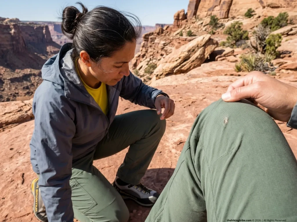 Female hiker inspecting durability of Patagonia hiking pants on red sandstone