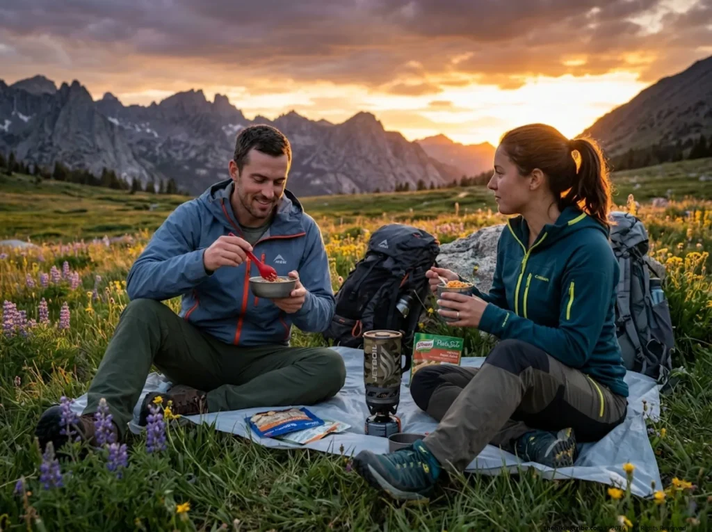 Two hikers share trail-tested Jetboil recipes at alpine meadow sunset camp