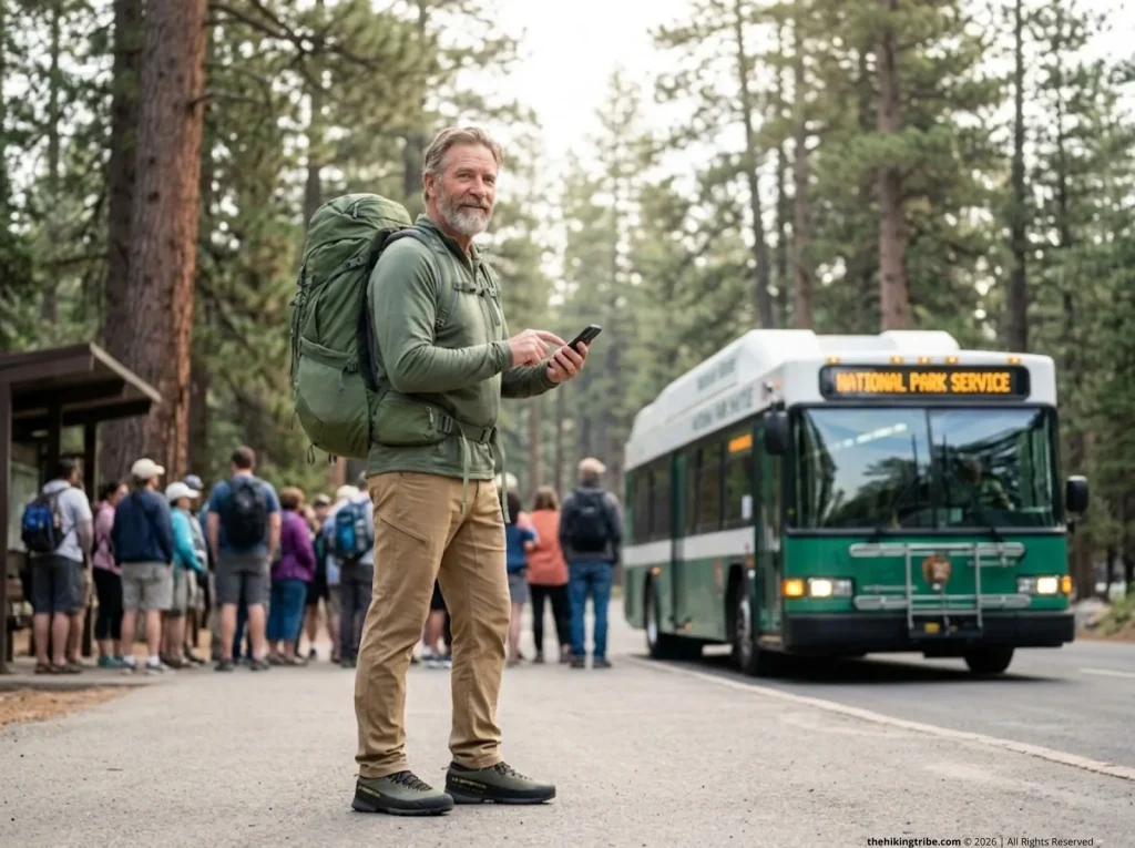 Hiker checking digital permits on phone at national park bus shuttle stop
