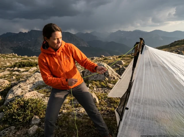 treeless-tarp-shelter-setup-hiking Female hiker setting up a flat tarp shelter with trekking poles in an exposed treeless alpine environment before a storm