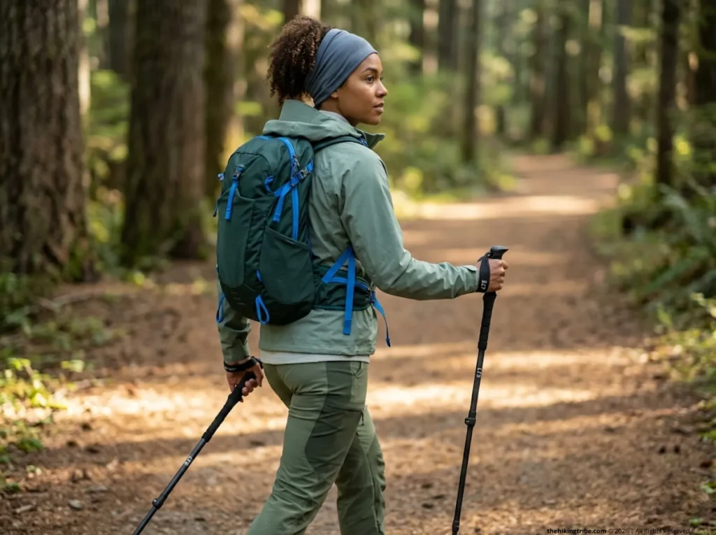 Hiker demonstrating 1:1 trekking pole rhythm on forested trail with Gossamer Gear poles
