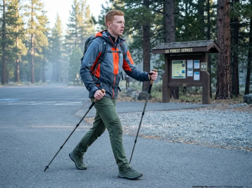 Hiker threading wrist strap correctly on Komperdell trekking poles bottom-up technique
