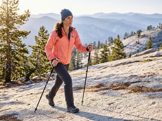 trekking-pole-cadence-technique-hero Woman hiking Sierra Nevada trail with proper trekking pole cadence rhythm