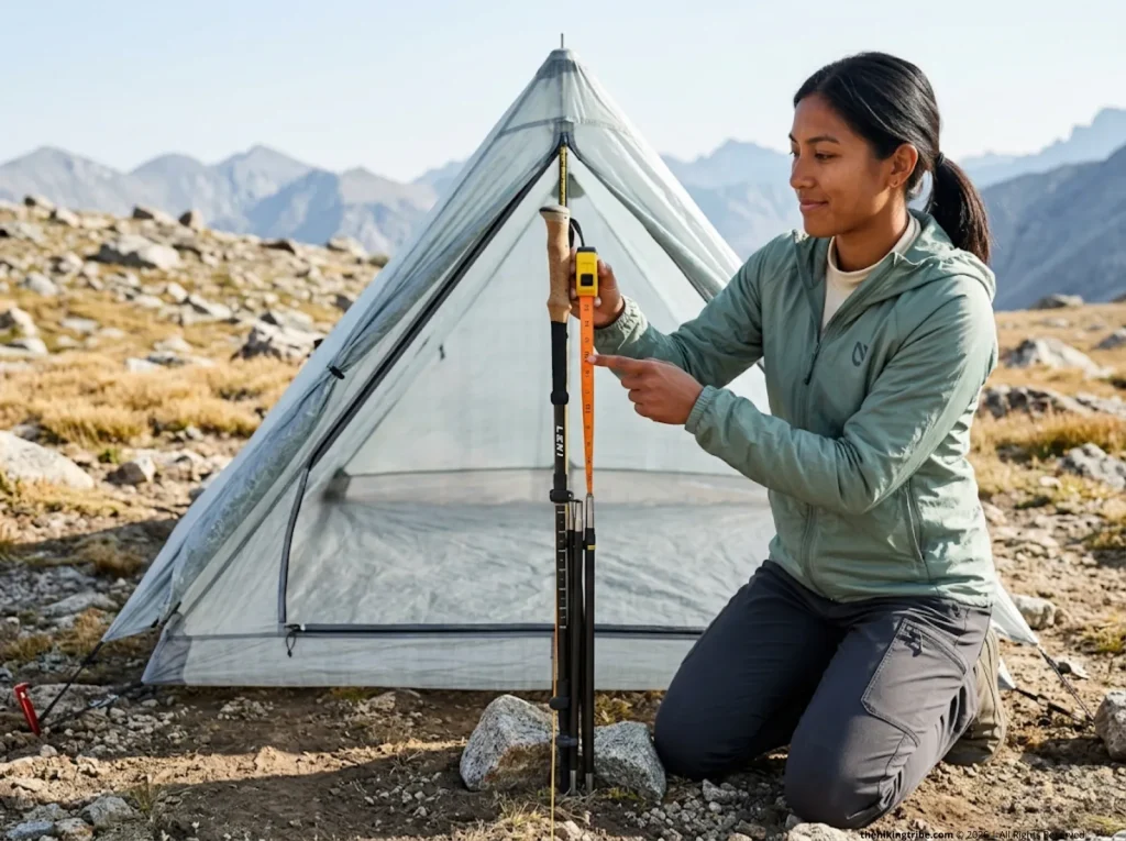 Hiker measuring Leki Black Series pole height at 125 cm mark for Zpacks Duplex tent pitch 