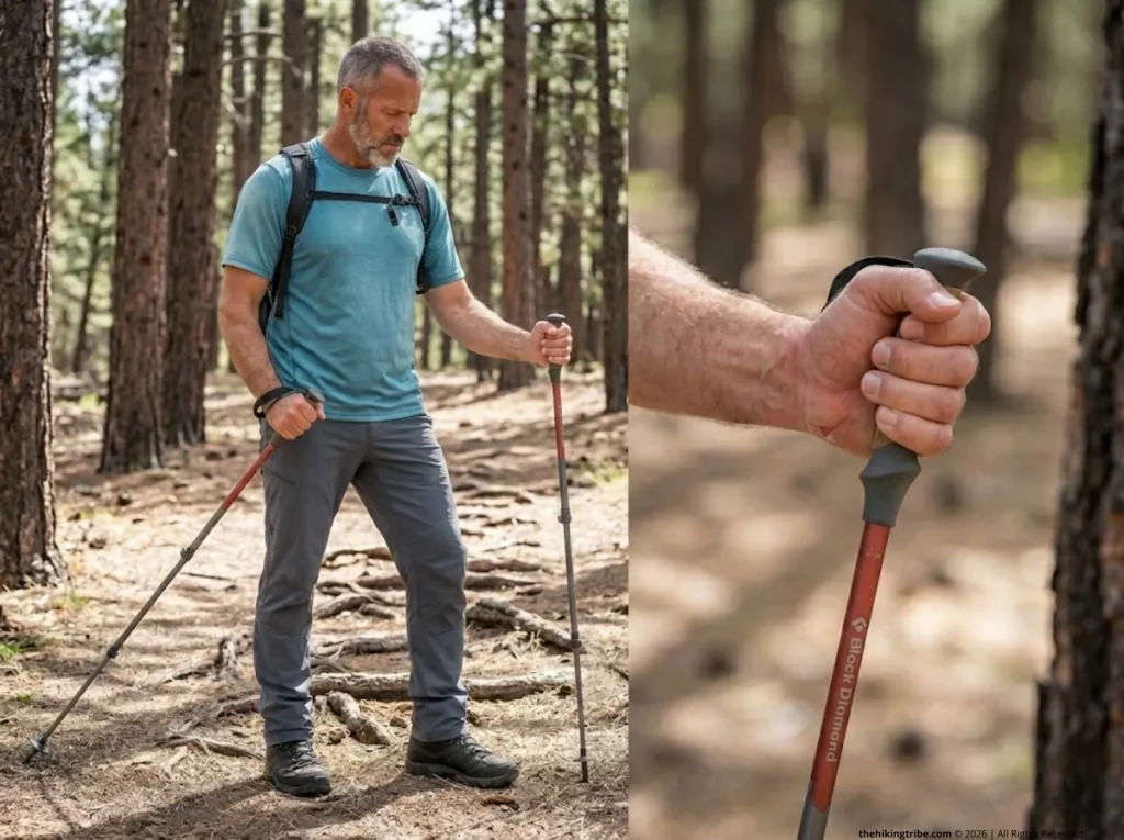 Fatigued hiker adjusting grip on Black Diamond poles after arm strain on trail