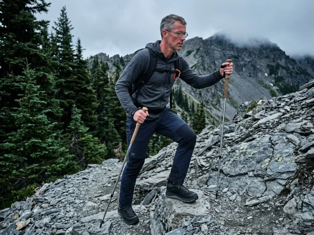 Hiker using Black Diamond trekking poles on steep rocky trail showing fatigue-reduction technique